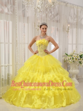 Yellow Ball Gown Strapless Floor-length Taffeta and Organza Beading Quinceanera Dress
