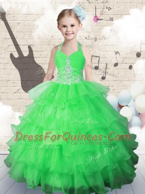 Vintage Green Ball Gowns Organza Halter Top Sleeveless Beading and Ruffled Layers Floor Length Lace Up Toddler Flower Girl Dress