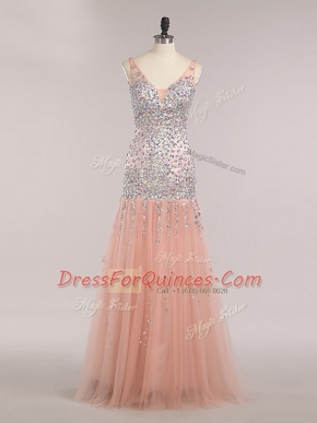 Beading and Sequins Prom Dress Peach Zipper Sleeveless Floor Length