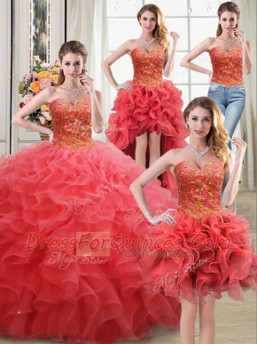 New Arrival Four Piece Coral Red Sleeveless Beading and Ruffles Floor Length 15 Quinceanera Dress