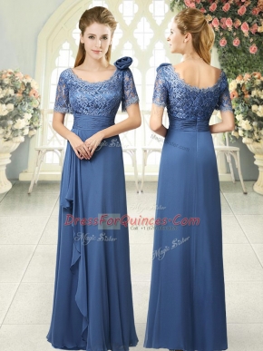 Sophisticated Beading and Ruching Prom Party Dress Blue Zipper Short Sleeves Floor Length