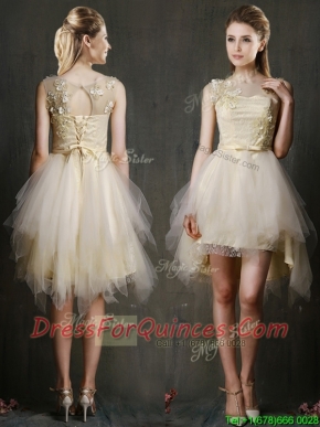 See Through Scoop Champagne Dama Dresses with Appliques and Belt