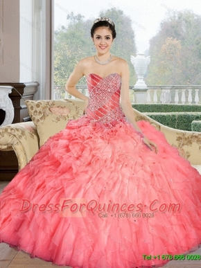 Wholesale 2015 Beading and Ruffles Sweetheart Quinceanera Dresses in Watermelon