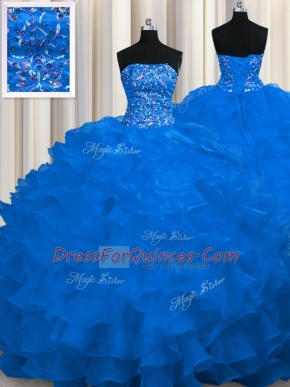 Sweep Train Royal Blue Sleeveless Beading and Ruffles Lace Up Sweet 16 Dresses