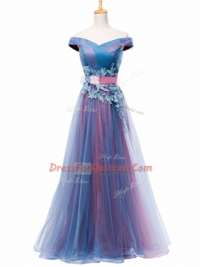 Dramatic Tulle Sleeveless Floor Length Prom Dresses and Appliques and Ruching and Belt
