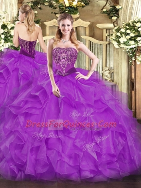 Strapless Sleeveless Lace Up Sweet 16 Quinceanera Dress Purple Organza