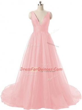 Baby Pink V-neck Neckline Ruching Sleeveless Zipper