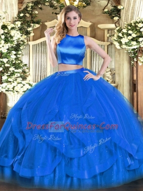 High-neck Sleeveless Vestidos de Quinceanera Floor Length Ruffles Blue Tulle