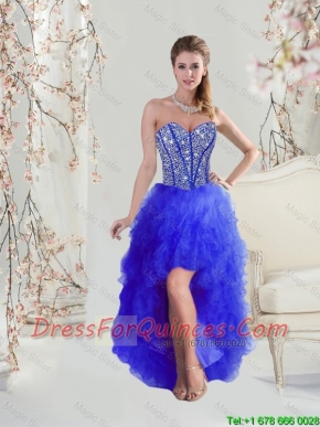 2016 Cheap Beaded and Ruffles High Low Prom Dresses in Royal Blue