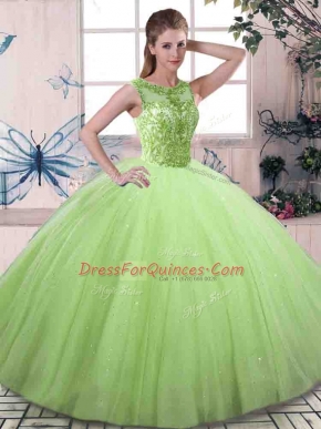 Sexy Tulle Scoop Sleeveless Lace Up Beading Ball Gown Prom Dress in