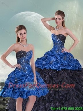 2015 Perfect Blue and Black Sweet 15 Dresses with Beading and Ruffles