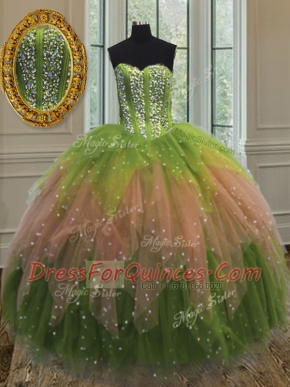 Top Selling Sleeveless Floor Length Beading and Ruffles and Sequins Lace Up Quinceanera Gowns with Multi-color