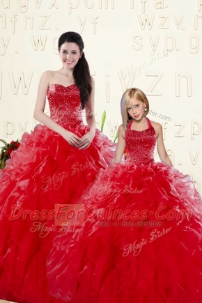 Coral Red Organza Lace Up 15th Birthday Dress Sleeveless Floor Length Beading and Ruffles