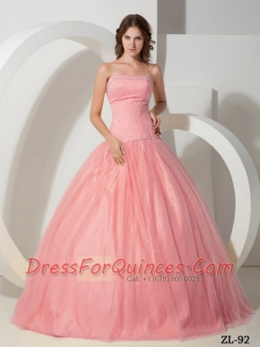 Classical Ball Gown With Strapless Tulle Beading For Quinceanera Dress in Watermelon