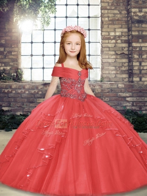 Sleeveless Floor Length Beading and Ruffles Lace Up Girls Pageant Dresses with Coral Red