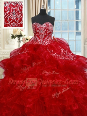 Sweetheart Sleeveless Sweet 16 Dresses Floor Length Beading and Ruffles Red Organza