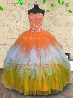 Sleeveless Tulle Floor Length Lace Up Quinceanera Dress in Multi-color with Beading and Ruffles and Sequins