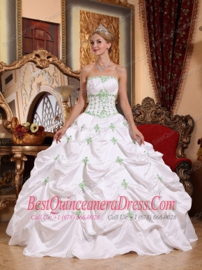 White Ball Gown Strapless Floor-length Taffeta Appliques Quinceanera Dress