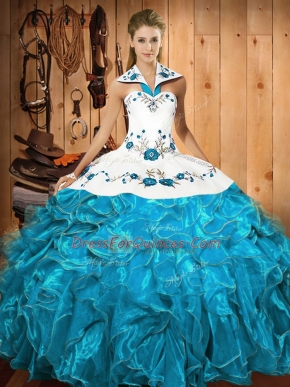 Flirting Baby Blue Lace Up 15 Quinceanera Dress Embroidery and Ruffles Sleeveless Floor Length
