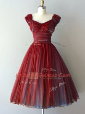 Rust Red V-neck Lace Up Ruching Dama Dress for Quinceanera Cap Sleeves