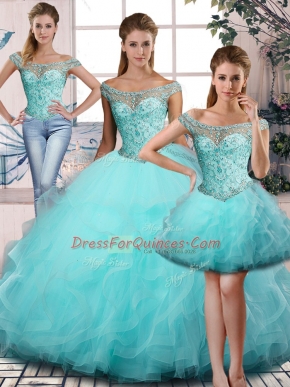 Flare Tulle Off The Shoulder Sleeveless Lace Up Beading and Ruffles Ball Gown Prom Dress in Aqua Blue