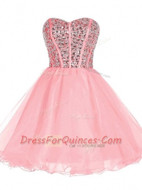 Trendy Pink Sleeveless Beading and Ruffled Layers Mini Length Prom Dress