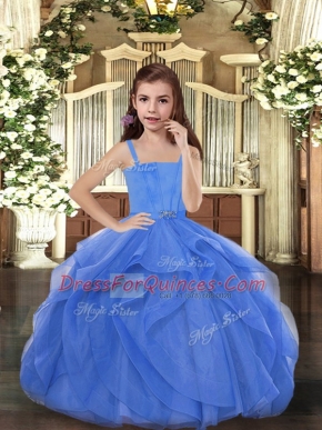 Tulle Straps Sleeveless Lace Up Beading Pageant Gowns For Girls in Blue