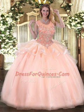 Scoop Sleeveless Zipper Sweet 16 Dress Peach Organza