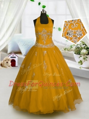 Glittering Halter Top Appliques Little Girls Pageant Dress Orange Lace Up Sleeveless Floor Length