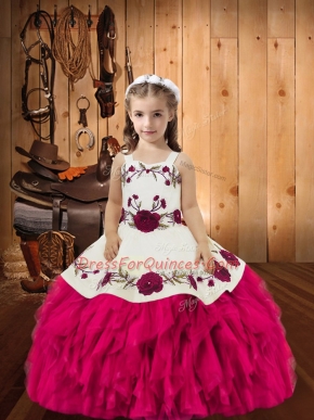 Fuchsia Girls Pageant Dresses Sweet 16 and Quinceanera with Embroidery and Ruffles Straps Sleeveless Lace Up