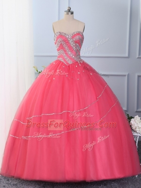 Sumptuous Floor Length Lace Up Sweet 16 Quinceanera Dress Hot Pink for Wedding Party with Beading