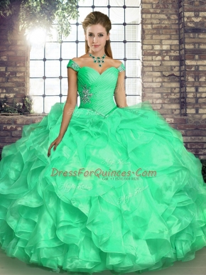 Fitting Floor Length Turquoise Vestidos de Quinceanera Organza Sleeveless Beading and Ruffles