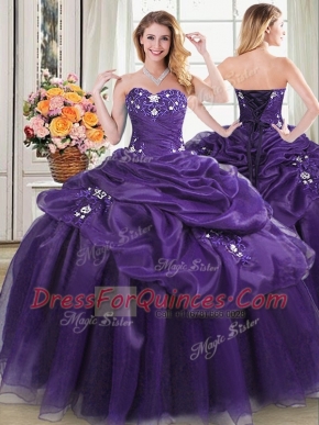 Dynamic Purple Ball Gowns Organza Sweetheart Sleeveless Appliques and Pick Ups Floor Length Lace Up Sweet 16 Dresses