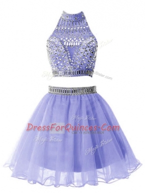 Lavender Organza Zipper Vestidos de Damas Sleeveless Knee Length Beading