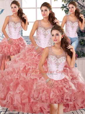 Traditional Floor Length Watermelon Red Quinceanera Gown Organza Sleeveless Beading and Ruffles