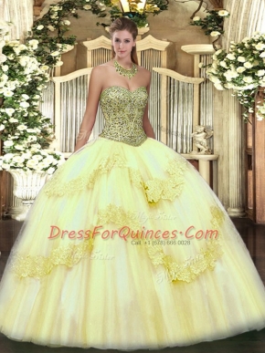 Trendy Floor Length Light Yellow Ball Gown Prom Dress Sweetheart Sleeveless Lace Up