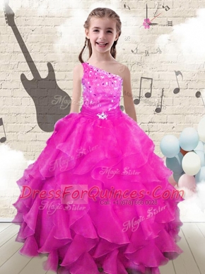 Ball Gowns Flower Girl Dresses Hot Pink One Shoulder Organza Sleeveless Floor Length Lace Up