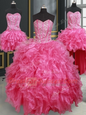 Hot Selling Four Piece Sweetheart Sleeveless Organza Ball Gown Prom Dress Beading and Ruffles Lace Up