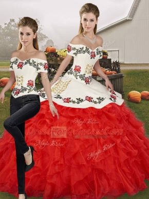 Glittering White And Red Sweet 16 Dress Military Ball and Sweet 16 and Quinceanera with Embroidery and Ruffles Off The Shoulder Sleeveless Lace Up