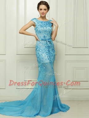 Hot Sale Mermaid Sleeveless With Train Beading and Appliques Zipper Prom Gown with Baby Blue Brush Train