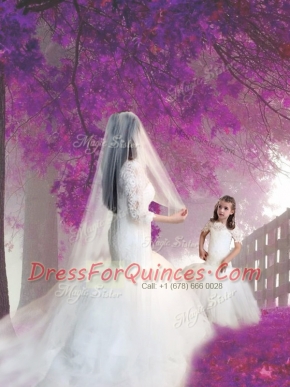 Exceptional Mermaid Scoop White Short Sleeves Floor Length Lace Zipper Flower Girl Dress
