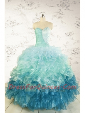 2015 Prefect Blue Quinceanera Dresses with Beading and Ruffles