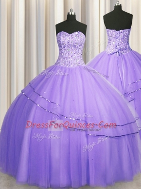 Visible Boning Big Puffy Sleeveless Tulle Floor Length Lace Up 15th Birthday Dress in Lavender with Beading