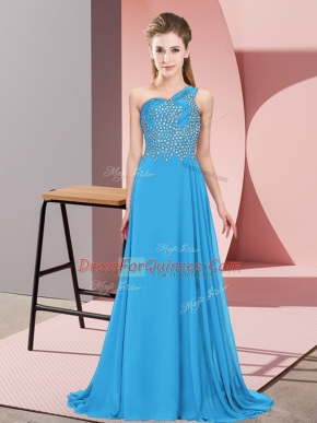 Hot Sale Blue Empire Beading Prom Dresses Side Zipper Chiffon Sleeveless Floor Length