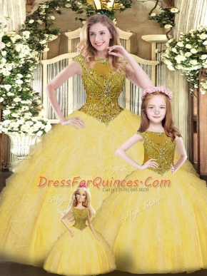 Ball Gowns Quinceanera Gown Gold Scoop Organza Sleeveless Floor Length Lace Up