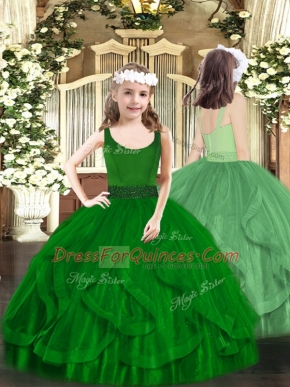Excellent Dark Green Scoop Neckline Beading and Ruffles Girls Pageant Dresses Sleeveless Zipper