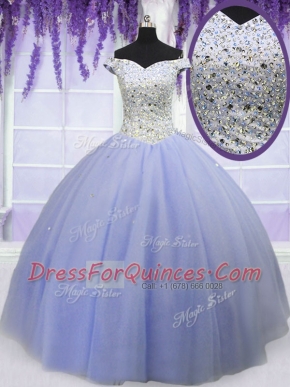 Off the Shoulder Floor Length Ball Gowns Short Sleeves Lavender Quince Ball Gowns Lace Up