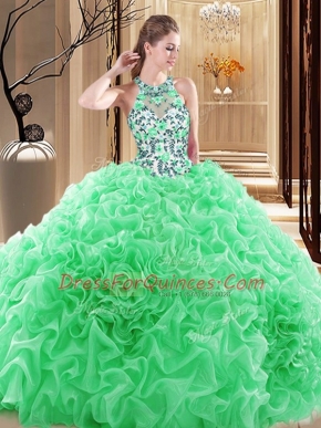 Most Popular Backless Sweet 16 Dress Embroidery and Ruffles Sleeveless Brush Train