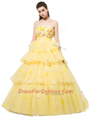 Hot Selling Yellow Sleeveless With Train Ruffled Layers and Hand Made Flower Lace Up Prom Party Dress