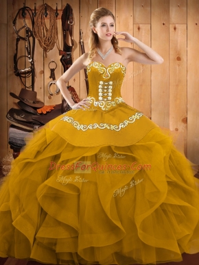 Exceptional Gold Sleeveless Floor Length Embroidery and Ruffles Lace Up Sweet 16 Quinceanera Dress